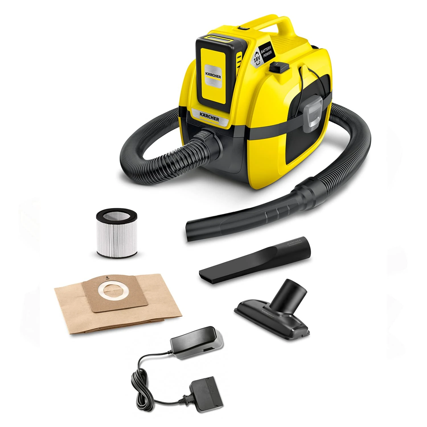 Kärcher 18v Multi-Purpose Vacuum Cleaner WD 1 Compact Battery, wet and dry vacuum cleaner, cartridge filter, hose: 1.20 m, container size: 7 l, power: 230 W, 18v battery and charger included