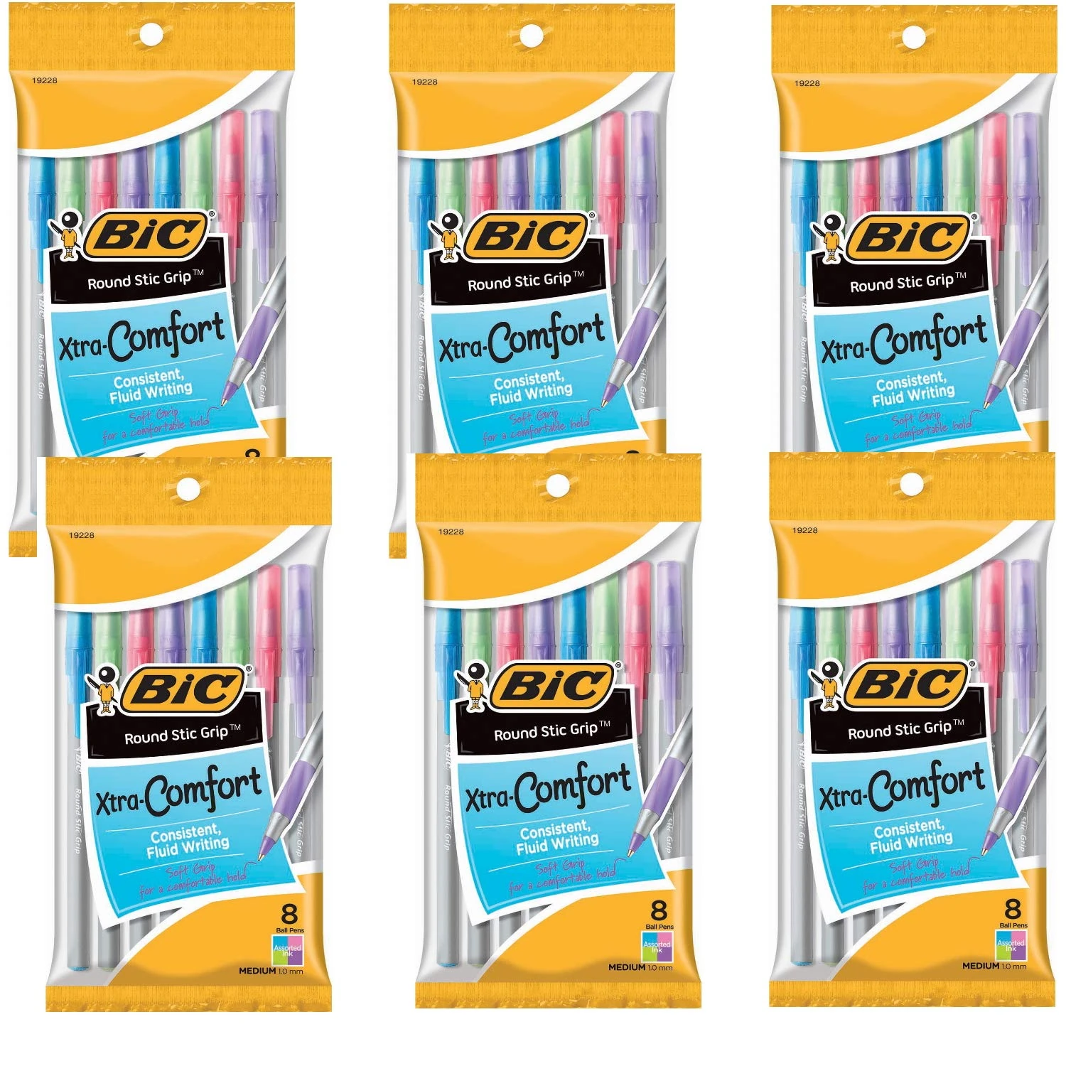 BIC Round Stic Grip Xtra Comfort Fashion Ballpoint Pens, Assorted Fashion Colors, Pack of 8 (48)