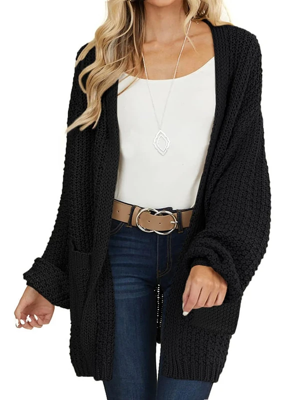 MEROKEETY Women's 2025 Fall Open Front Chunky Knit Sweater Oversized Lantern Sleeve Cardigan Outwear, Black, Small