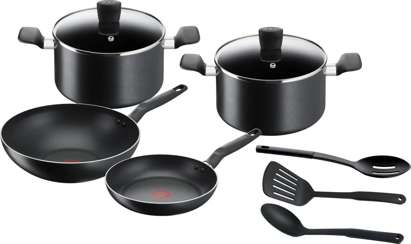 Tefal 9-Piece Cookware Set, 24 cm Frying Pan + 28 cm Wok + 22/24 cm Saucepans + Utensils, Non Induction, Non-Stick Coating, Ergonomic Handle, Super Cook B459S984