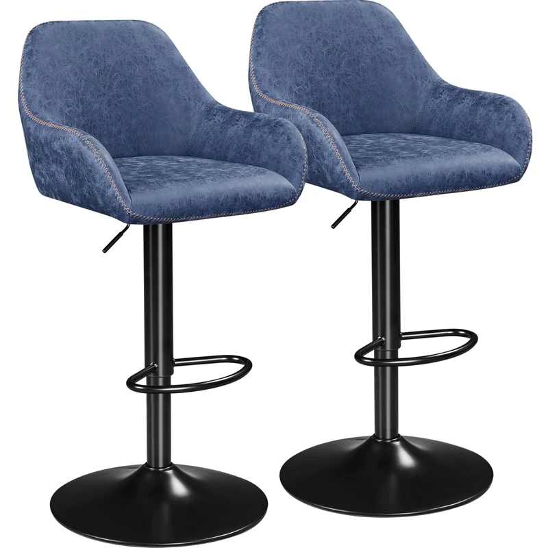 Yaheetech Bar Stools Set of 2, Height Adjustable Swivel Breakfast Barstools, PU Leather Upholstered Bar Chair with Backrest, Armrests and Footrest for Home Kitchen, Blue