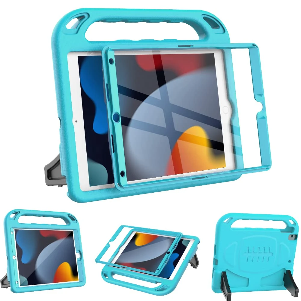 Surom Case with Built-in Screen Protector for New iPad 10.2 Inch 2021/2020/2019 (9th/8th/7th Gen), Shockproof Handle Stand Kids Case for 2021/2020/2019 iPad 10.2, iPad Air 3 10.5 2019, Turquoise