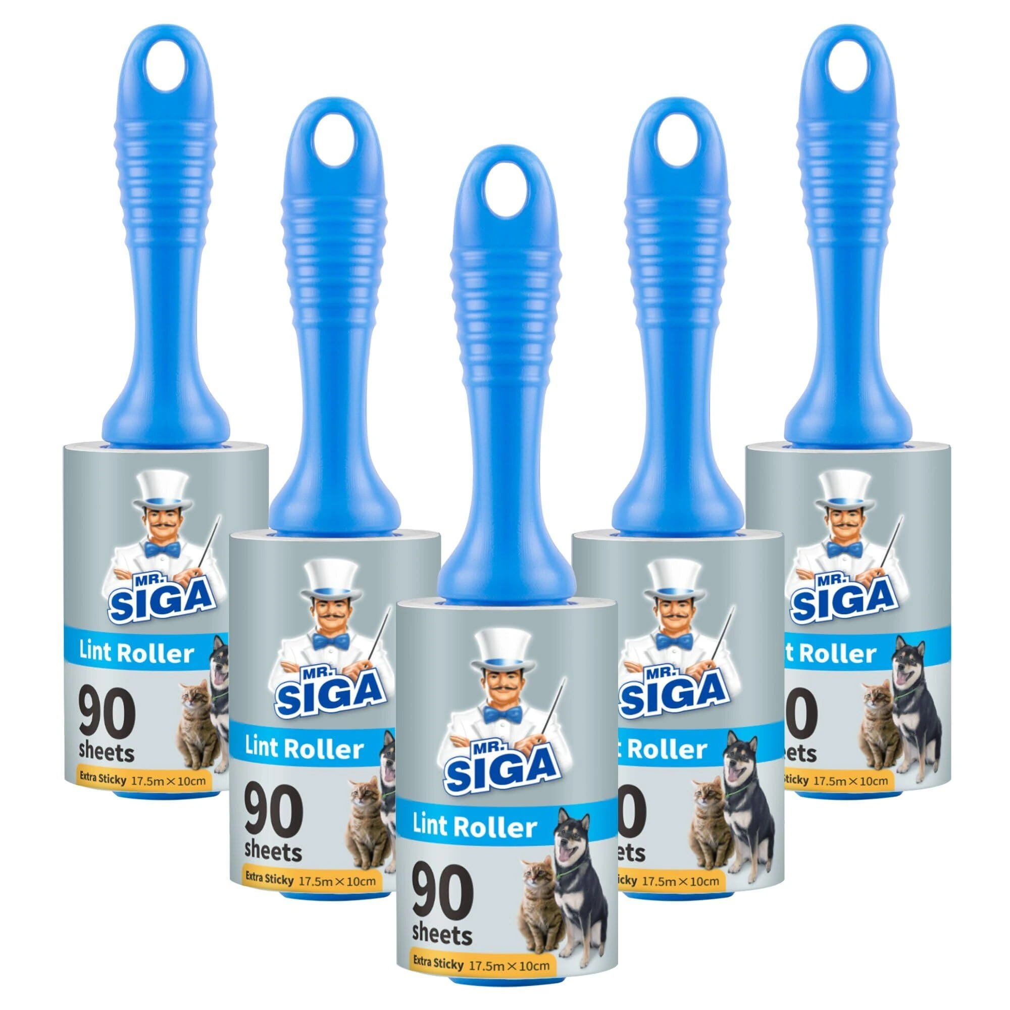MR.SIGA Extra Sticky Lint Roller Pet Hair Remover with Easy Tear Sheets, 450 Sheets in Total, 5-Pack, Blue