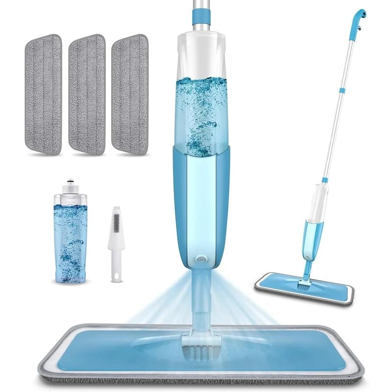 PAPCLEAN Microfibre Spray Mop with 3 Reusable Pads and Refillable Bottle, 360 Degree Spin Mop for Hardwood, Marble, Tile, Laminate, or Ceramic Floors - Cyan Blue