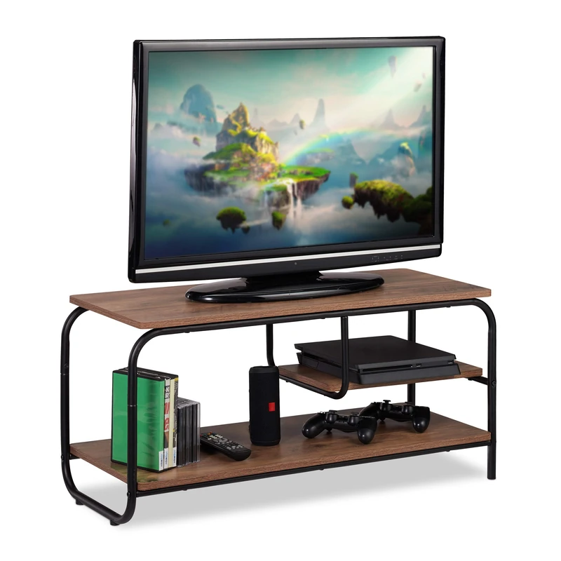 Relaxdays TV Stand, Industrial Design, Entertainment Station, Storage for CDs & DVDs, HxWxD 43x90x35 cm, Brown,Black - Image 1