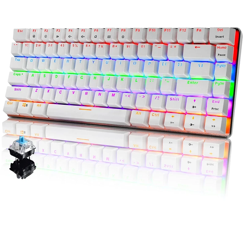 Mechanical Keyboard, USB Cable Wired Gaming Keyboard, Rainbow LED Backlit, 82 Keys Anti-Ghosting Compact Ergonomic Computer Keypad, Comfortable Durable and Quick Responsive(Blue Switches, White)