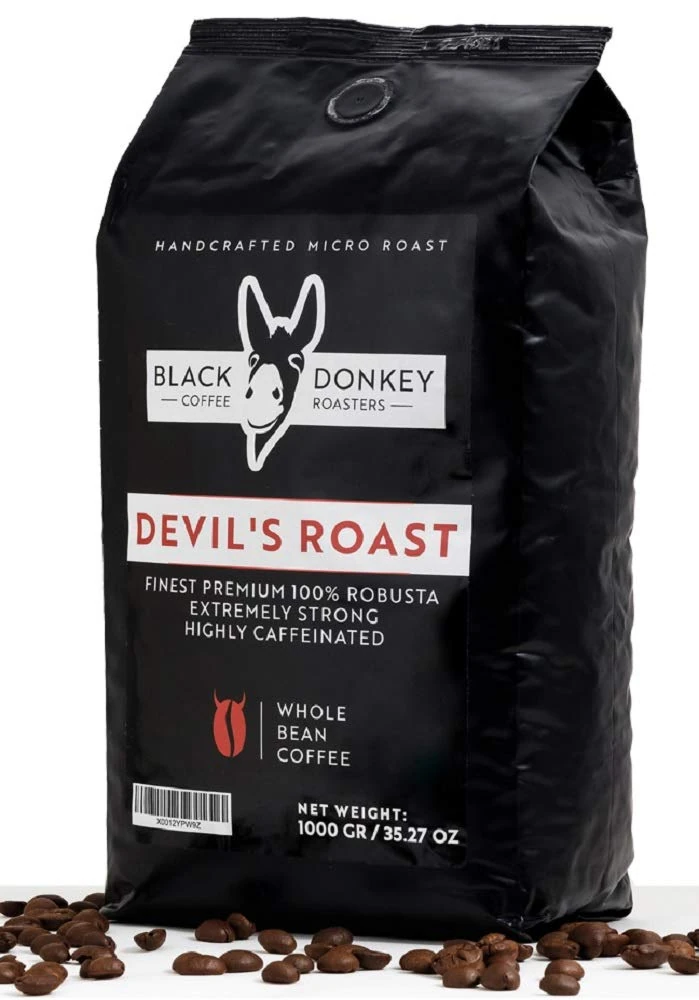DEVIL'S ROAST | Extra-Strong Highly Caffeinated | 1KG Whole Coffee Beans | Robusta Coffee by Black Donkey