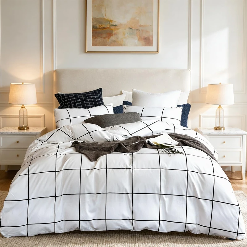 CLOTHKNOW White Plaid Queen Comforter Set Checkered Bedding Comforter Sets