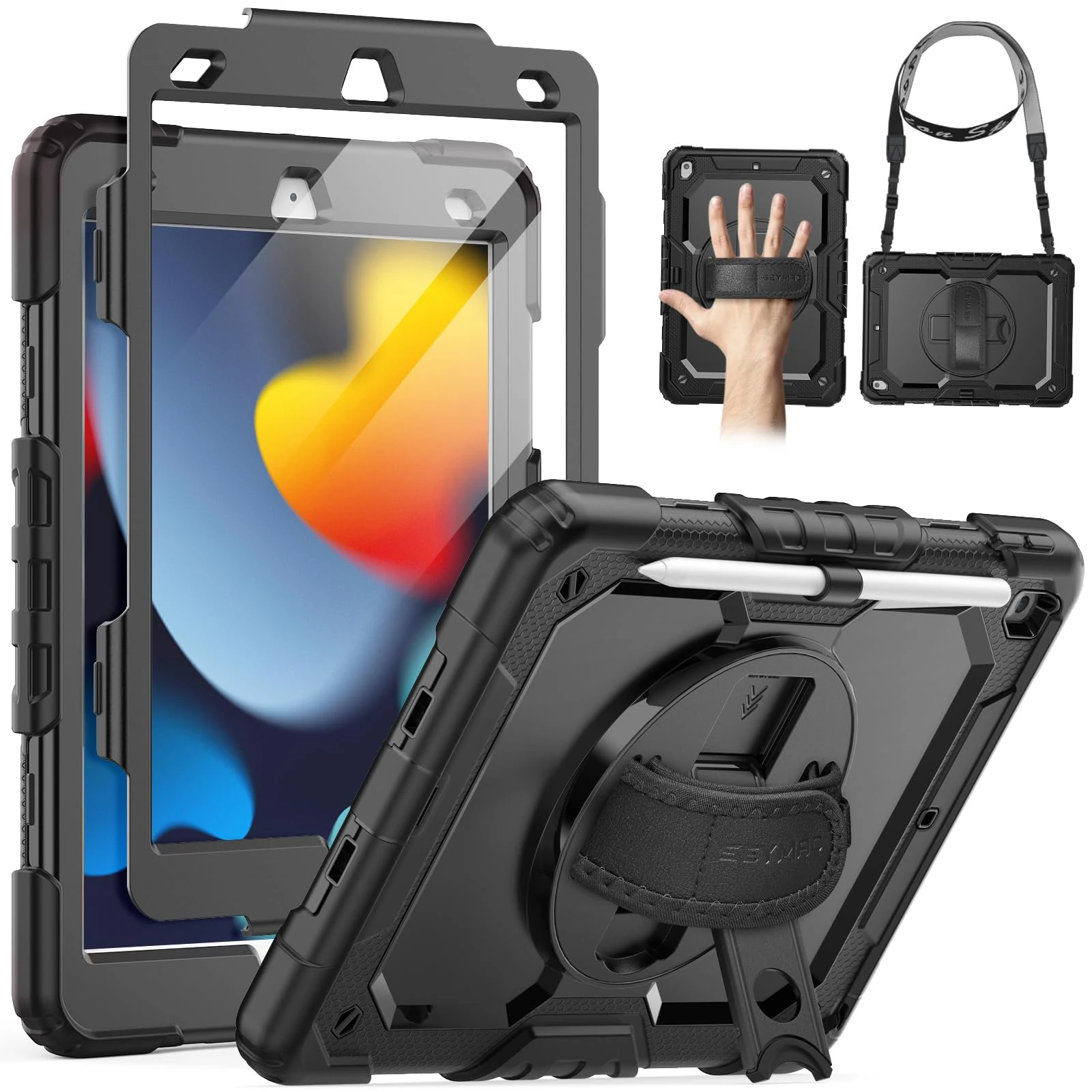 SEYMAC Case for iPad 9th/8th/7th Generation 2021/2020/2019 10.2 inch, Shockproof Case with Screen Protector, 360 Degree Rotating Stand/Hand Strap, Pen Holder for iPad 10.2 Inch, Black