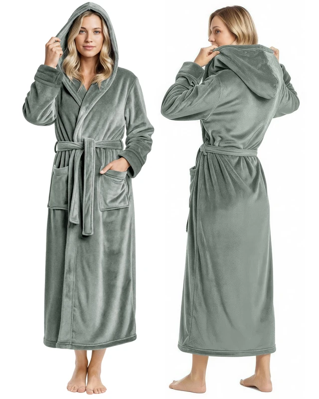 NY Threads Women Fleece Hooded Bathrobe - Plush Long Robe, Steel Grey, S