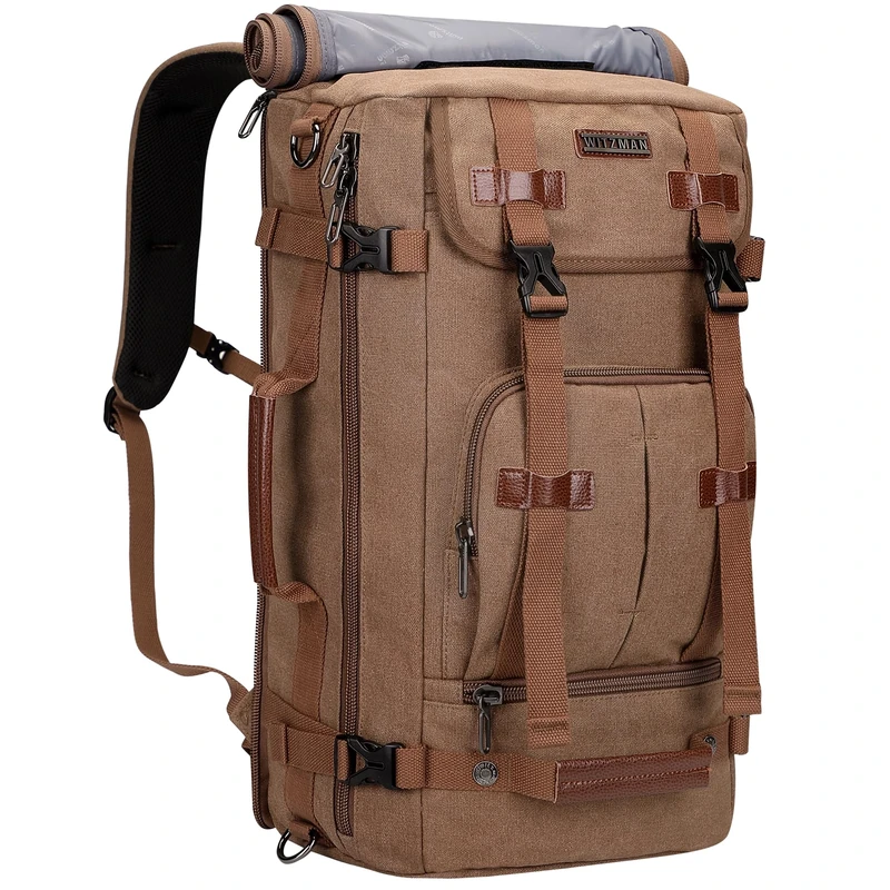 WITZMAN Canvas Backpack Vintage Travel Backpack for Men Large Weekender Bag Daypack Convertible Shoulder Rucksack(A519-1 Brown)