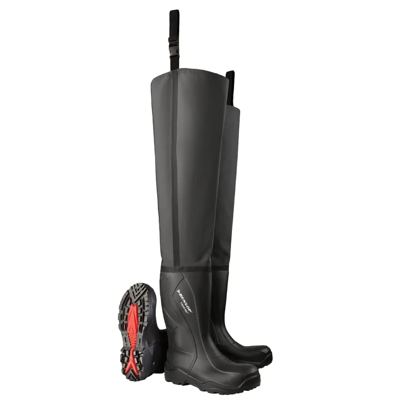 Dunlop Purofort+ Breathable - Unisex Full Safety Thigh Wader Waterproof Work Boots, Black, Slip-Resistant Thermal Wellies with Steel Toecap and Midsole for Construction, Farm and Fishing - EU40, UK6.5