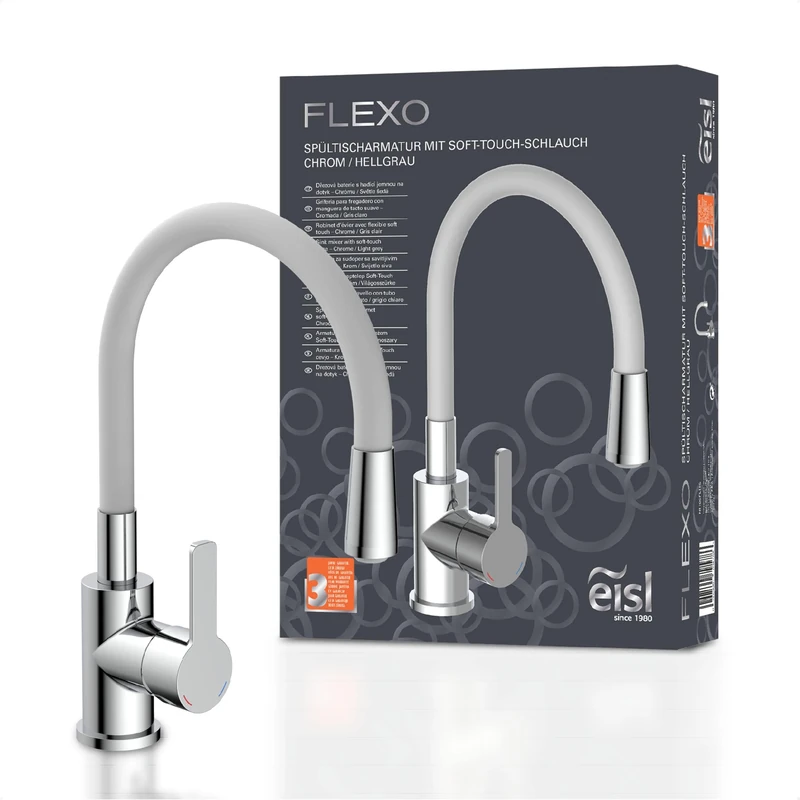 EISL Flexo Chrome/Light Grey Flexible Sink Mixer Tap Flexible Kitchen Tap High Spout with Soft Touch Hose 360 Degree Swivel Kitchen Flexible NI186FLHG