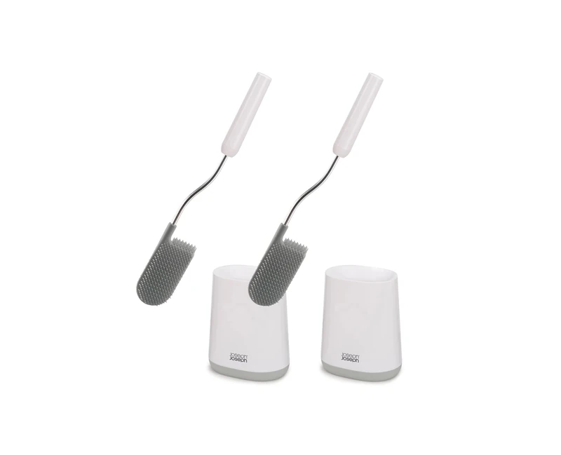 Joseph Joseph Flex Lite - 2-Pack Silicone Toilet Brush with slimline holder set, flexible anti-drip, anti-clog deep clean head, White/Grey, Small - Image 1