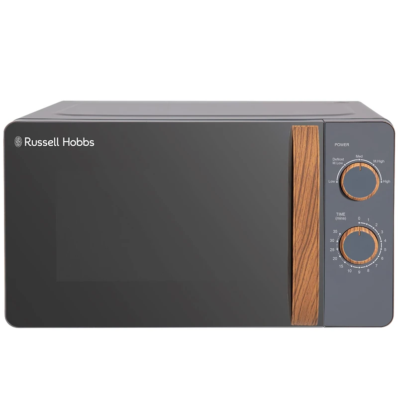 Russell Hobbs RHMM713G 17 L 700 W Scandi Compact Grey Manual Microwave with 5 Power Levels, Wood Effect Handle & Dials, Timer, Defrost Setting, Easy Clean