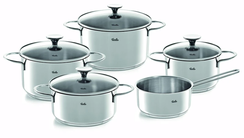 Fissler Copenhagen Stainless Steel 5 Piece Saucepan Set, Induction Compatible, All Hobs (3 Saucepans, 1 Stewing Pan, 1 Glass Lid)