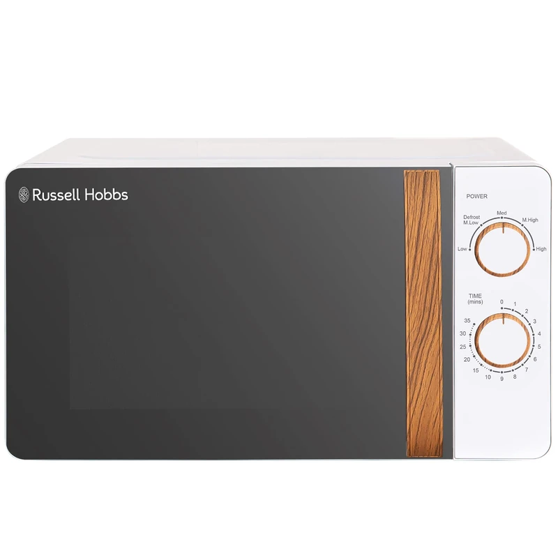 Russell Hobbs RHMM713 17 L 700 W Scandi Compact White Manual Microwave with 5 Power Levels, Wood Effect Handle & Dials, Timer, Defrost Setting, Easy Clean