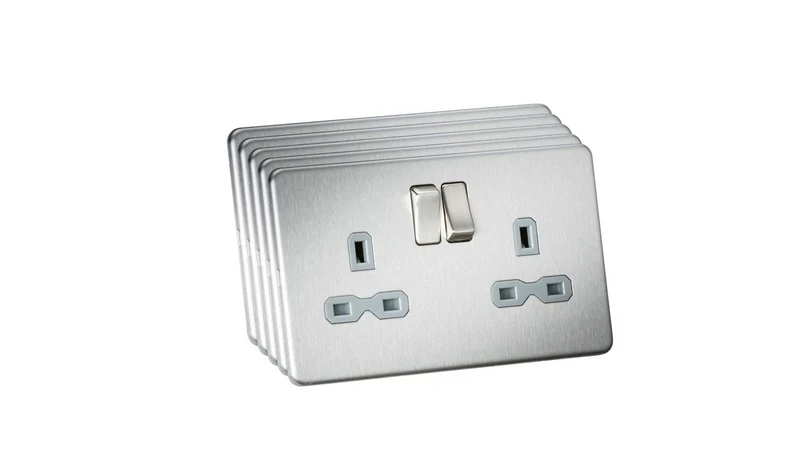 Screwless 13A 2G DP switched socket - Brushed chrome with grey insert