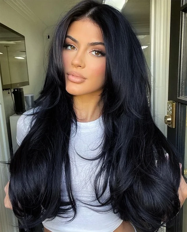 Joedir 13x4 Lace Frontal Wigs for Black Women 28 Inches Long Straight Free Parting Silk Base Lace Front Wigs with Baby Hair High Temperature Layered Synthetic Hair for Women 180% Density (Jet Black)
