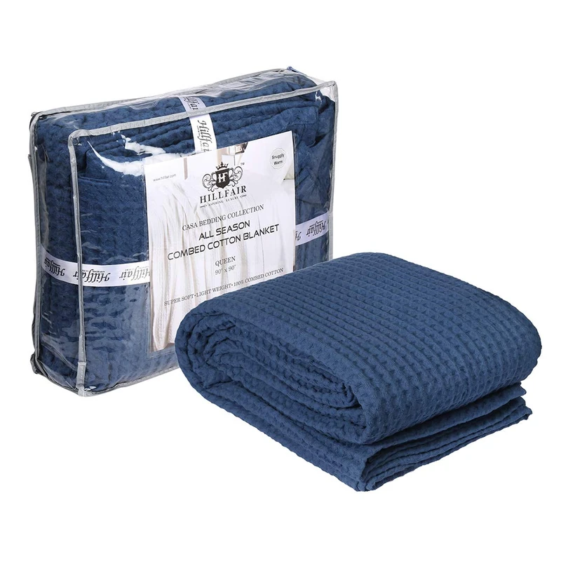 HILLFAIR 100% Combed Cotton Blanket–102x108 Inch California King Size Bed Blankets– Warm Soft All Season Breathable Blankets– Extra Large Oversized California King Blanket- Navy Blue Cotton Blankets