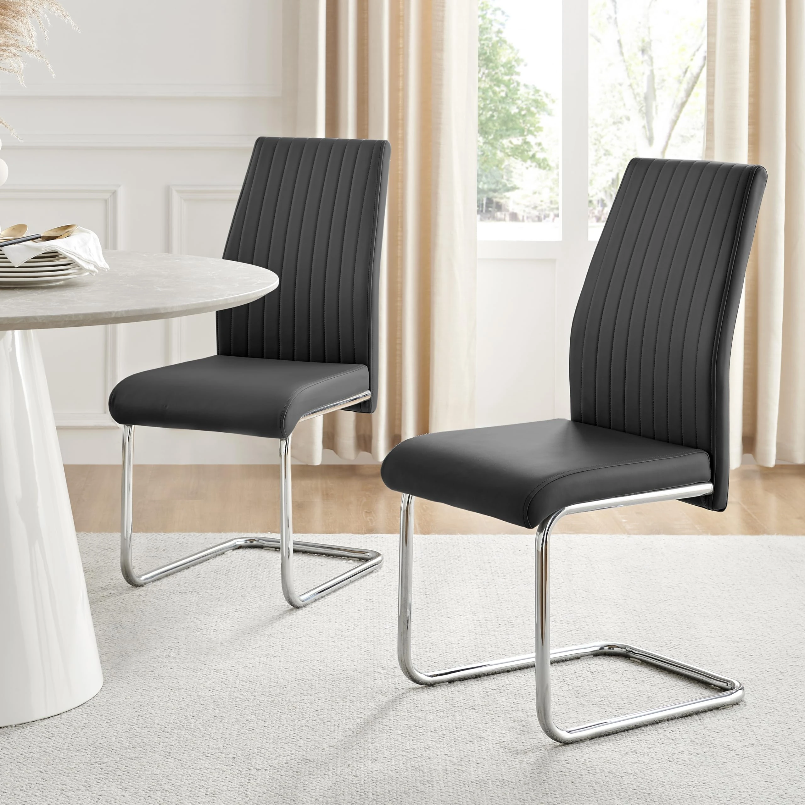 Furniturebox UK Lorenzo Set of 2 Black Faux Leather Cantilever Dining Chairs