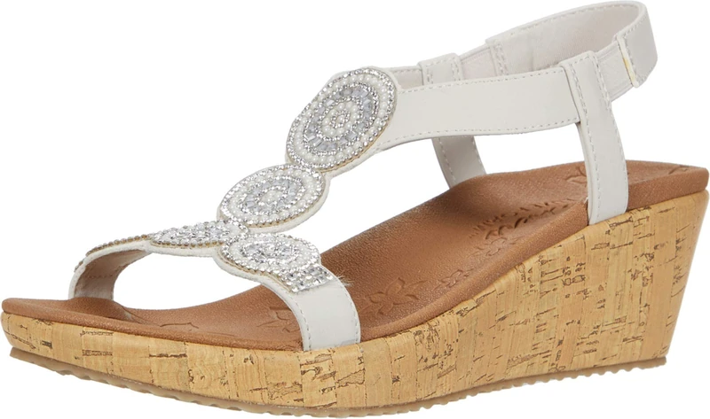 Skechers Womens Beverlee - Date Glam Wedge Sandal, Off White Duraleather Clear Rhinestone, 9 UK