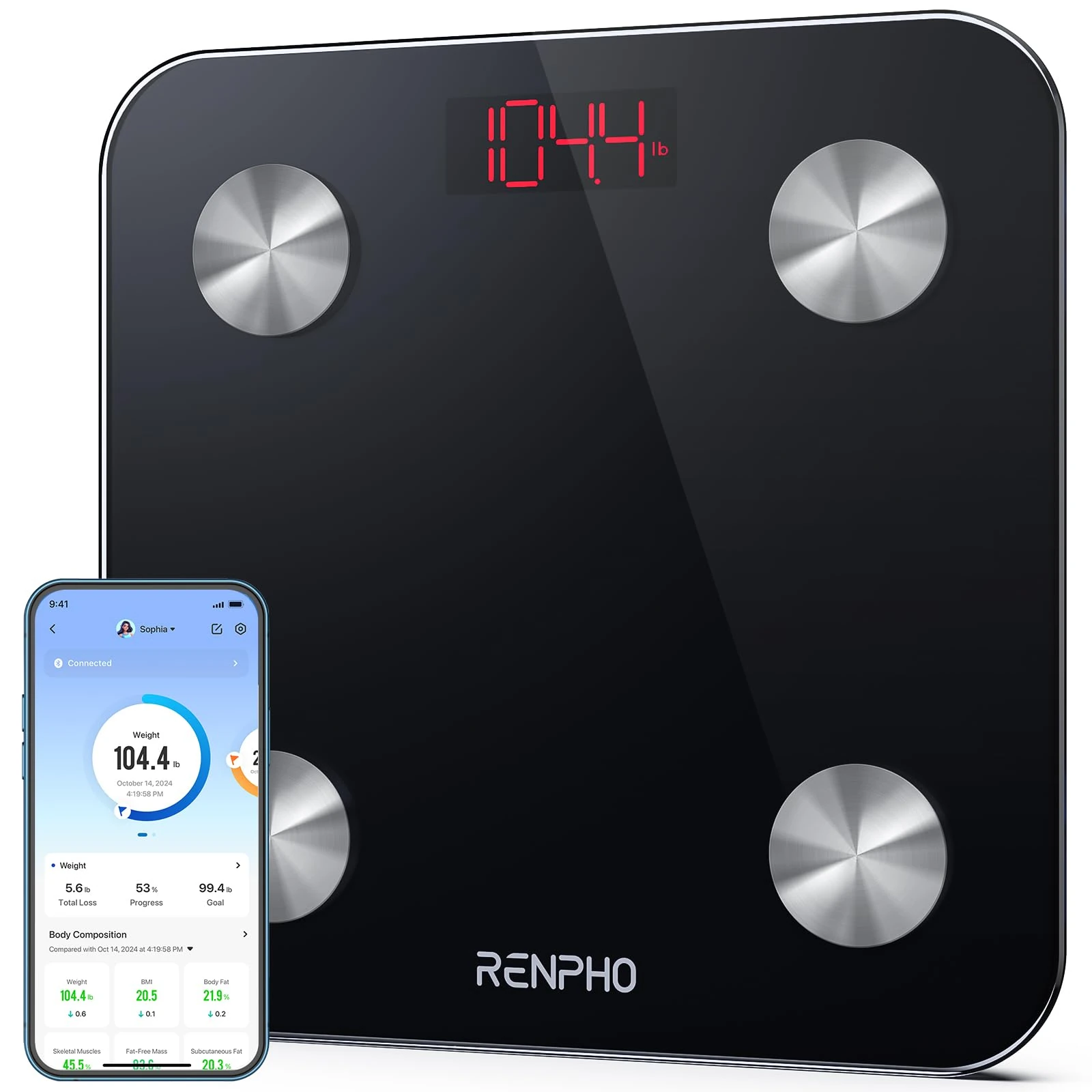RENPHO Weighing Scales for Body Weight, Smart Bathroom Scales with App, Bluetooth Body Fat Scales for Body Fat, BMI, Muscle Mass Track, Weight Loss, Batteries Included, Elis 1 260CM