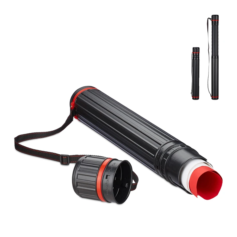 Relaxdays Telescopic Poster Tube, Up To Size A0, Adjustable Shoulder Strap, Screw Cap, 64-107 cm, Plastic, Black