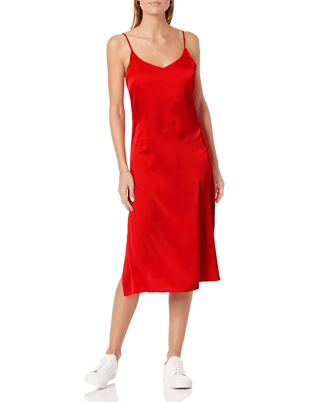 The Drop Women's Ana Silky V-Neck Midi Slip Dress, Red, XXL, Plus Size