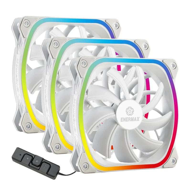 ENERMAX SquA RGB PWM 120mm ARGB PC Fan with RGB Control Box 3 Pack - Air Intake - Vortex Frame - High Airflow - 300-1500RPM - White - UCSQARGB12P-W-BP3 - Image 1