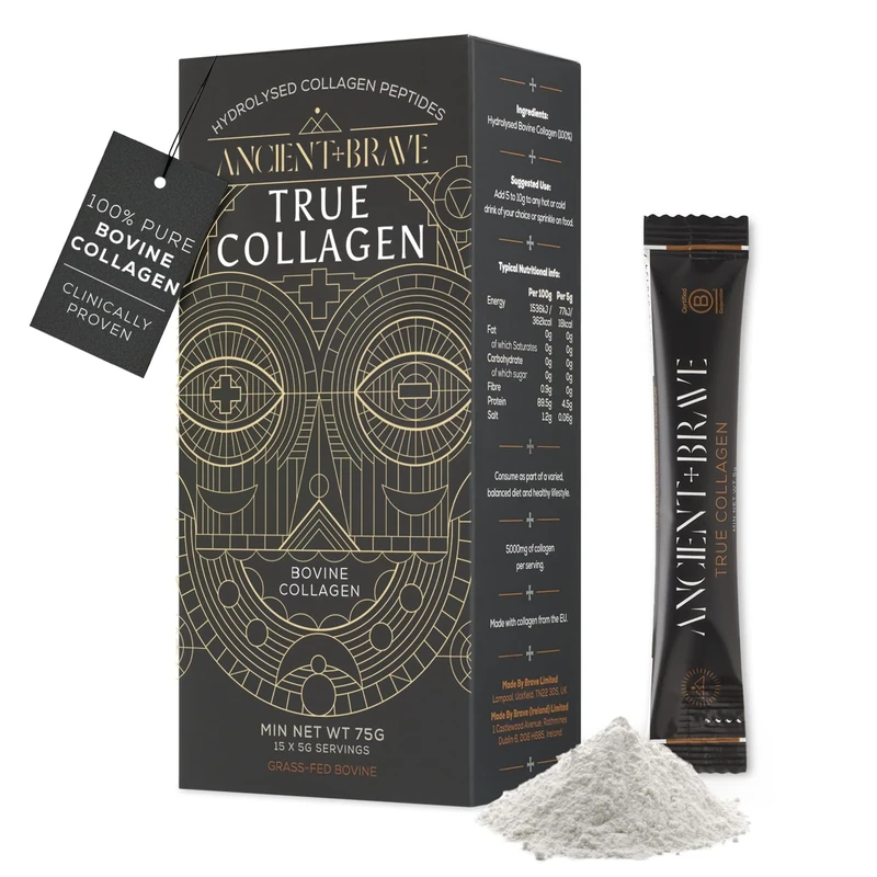Ancient + Brave True Collagen Sachets 15 x 5 Grams - Grass-Fed Bovine Collagen Powder - 100% Hydrolyzed Collagen Peptides - High Protein - Beauty - Collagen Powder for Women - Halal & Kosher Certified