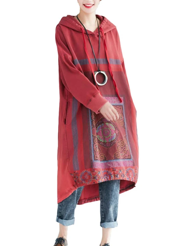 FTCayanz Women’s Oversized Sweatshirt Dress Hoodies Pullover Ethnic Printed Fall Dresses with Pockets, Red, L