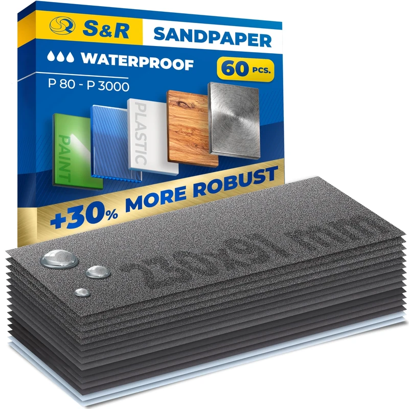S&R Waterproof Sandpaper - 60 Sheets, 15 Grits P80-P3000 Wet/Dry
