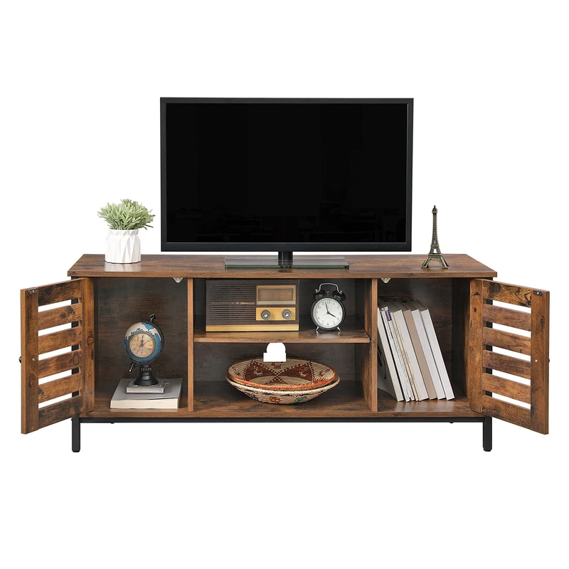 VASAGLE TV Stand TV Stand with Shelves and Storage Cupboards, Louvered Doors, for Living Room, Playroom, Industrial Style, Rustic Brown and Black LTV43BX