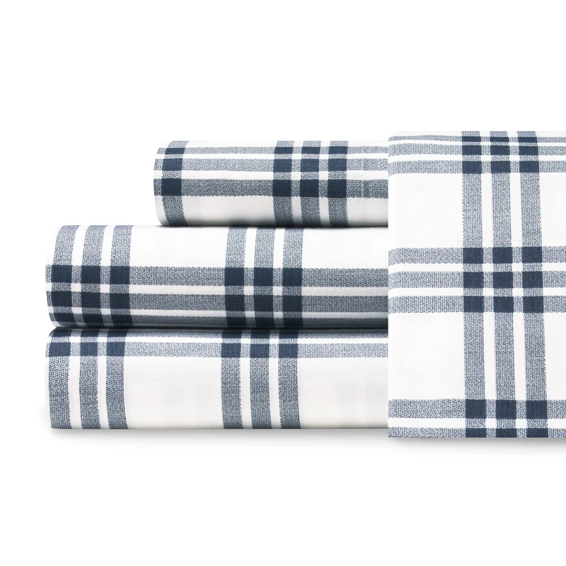 Eddie Bauer - Queen Sheets, Cotton Percale Bedding Set, Crisp & Cool Home Decor (Navy Plaid, Queen)