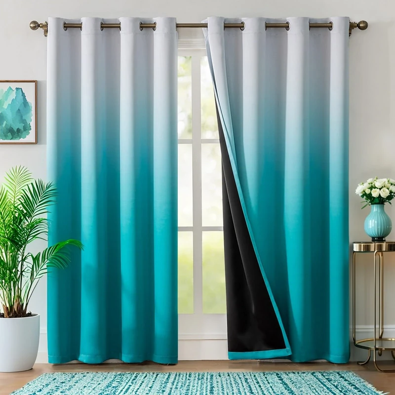 WUBODTI Teal Bedroom Curtains Ombre Light Filtering Window Curtains 84 Inches Set of 2 Panels, Turquoise and White Gradient Room Decor Grommet Curtain Drapes for Living Room Dining Room