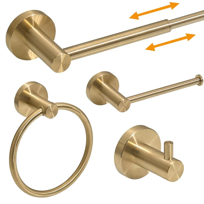 BESy 4 Piece Bathroom Accessories Set (Adjustable 16 to 26 Inch Towel Bar, Towel Ring, Toilet Paper Holder,Towel Hook), Wall Mounted Bath Hardware Accessory Fixtures Set,Stainless Steel/Brushed Gold