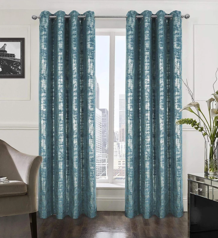 always4u Soft Velvet Curtains 84 Inch Length Luxury Bedroom Curtains Silver Foil Print Window Treatments for Living Room Set of 2 Teal
