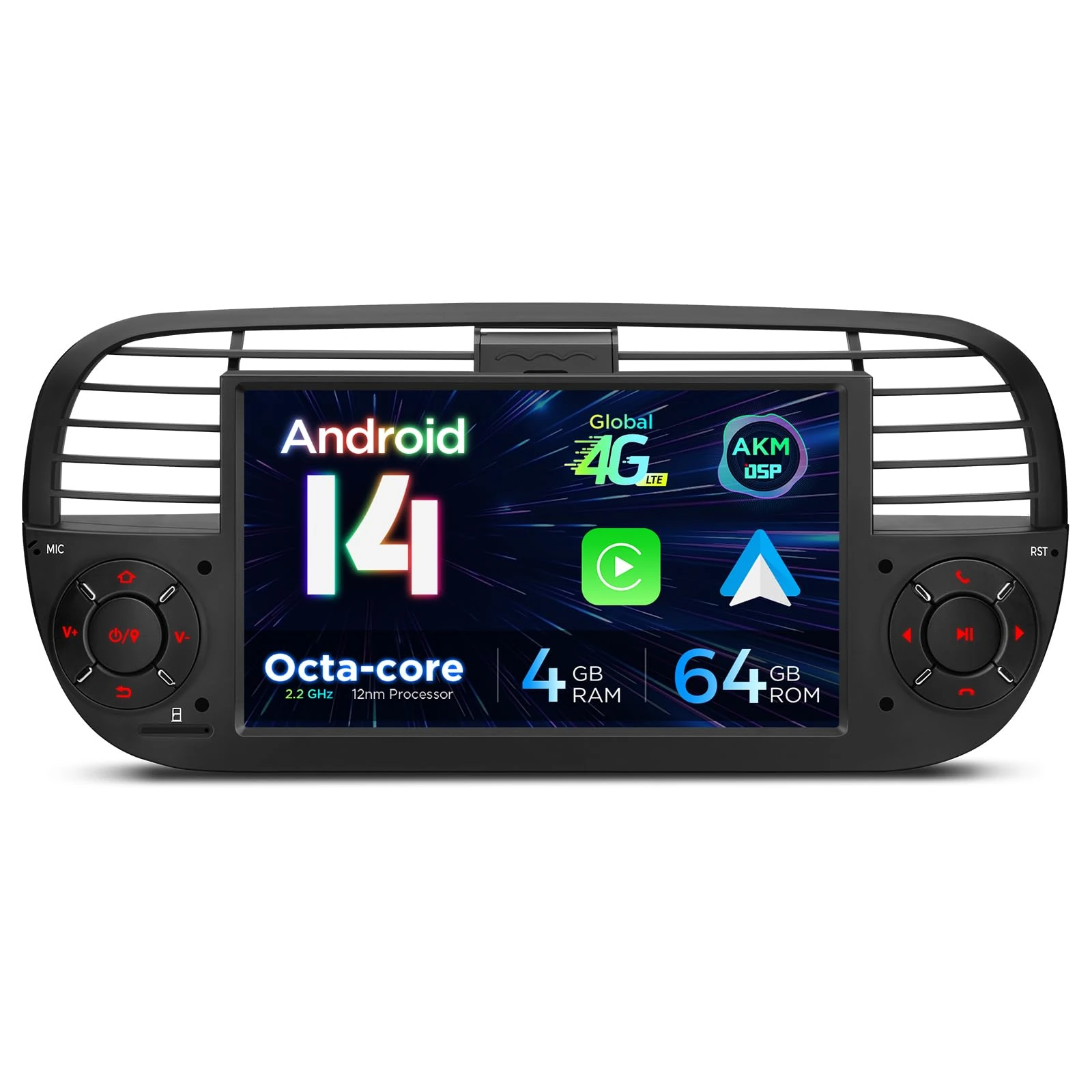 XTRONS 7" Android 14 1 Din Car Stereo 4+64GB for Fiat 500(2007-2015) Black, Octa-Core Radio Player, Built-in 4G ASM DSP 2K CarAutoPlay Android Auto GPS Navigation Bluetooth 5.0 New UI, Optional DAB+