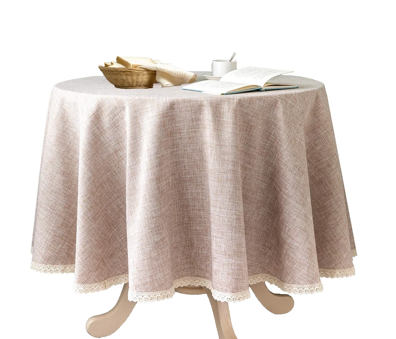 GLORY SEASON Linen Rustic Burlap Washable Tablecloth,Solid Heavy Weight 70 Inch Round Overlay Lace Edge Table Cover for Kitchen Dinning Decoration