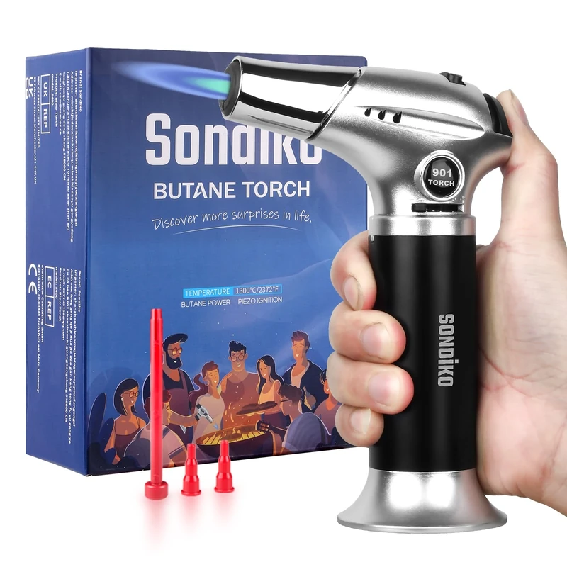 Sondiko Kitchen Blow Torch S901, Refillable Kitchen Butane Torch with Safety Lock and Adjustable Flame for DIY, Creme Brulee, BBQ and Baking(Butane Gas Not Included)
