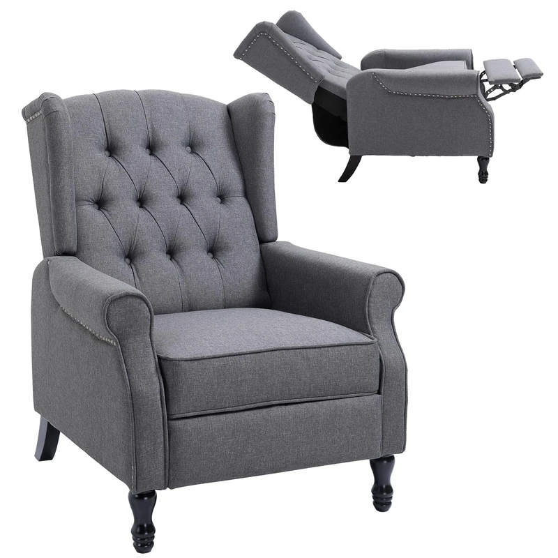 HOMCOM Recliner Armchair, Vintage Reclining Chair with Nail Head Trim, Wingback Chair with Button Tufted Back and Footrest, for Living Room, Grey