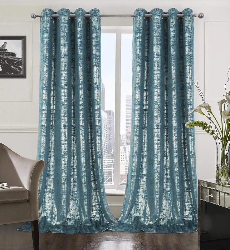 always4u Soft Velvet Curtains 108 Inch Length Long Luxury Bedroom Curtains Silver Foil Print Window Treatments for Living Room Set of 2 Teal