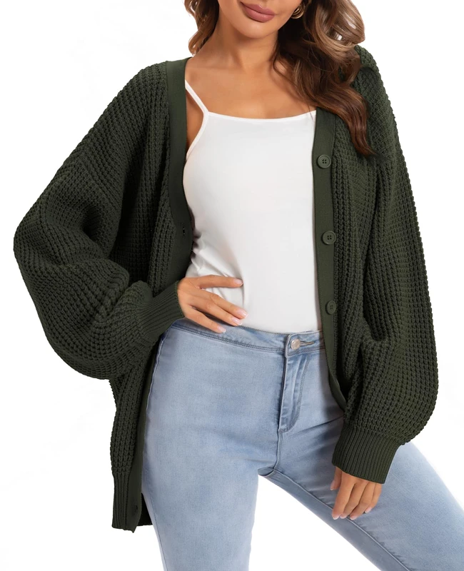 QUALFORT Women's Cardigan Batwing Chunky Knit Cardigan Jumper Blue X-Large - Image 1