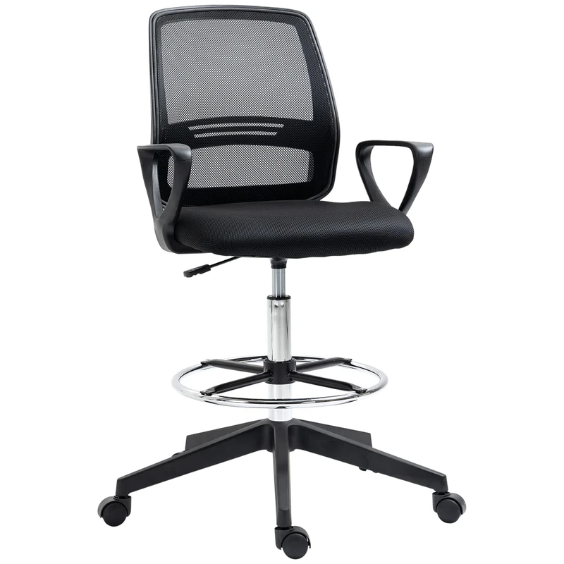 Vinsetto Drafting Chair, Ergonomic Tall Office Chair with Mesh Back, Lumbar Support, Adjustable Height and Foot Ring, Swivel Wheels, for Standing Desk, Black