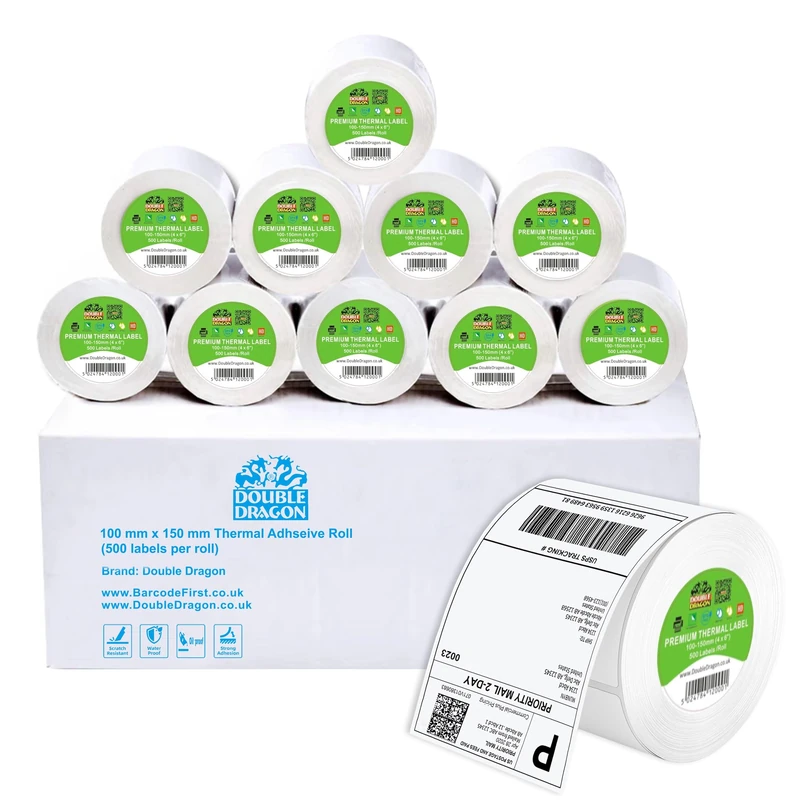 Double Dragon 100 x 150 mm (4" x 6") Premium Coated Self-Adhesive Direct Thermal Label for Zebra, MUNBYN Printers [10 Roll - 5000 Label] - Image 1
