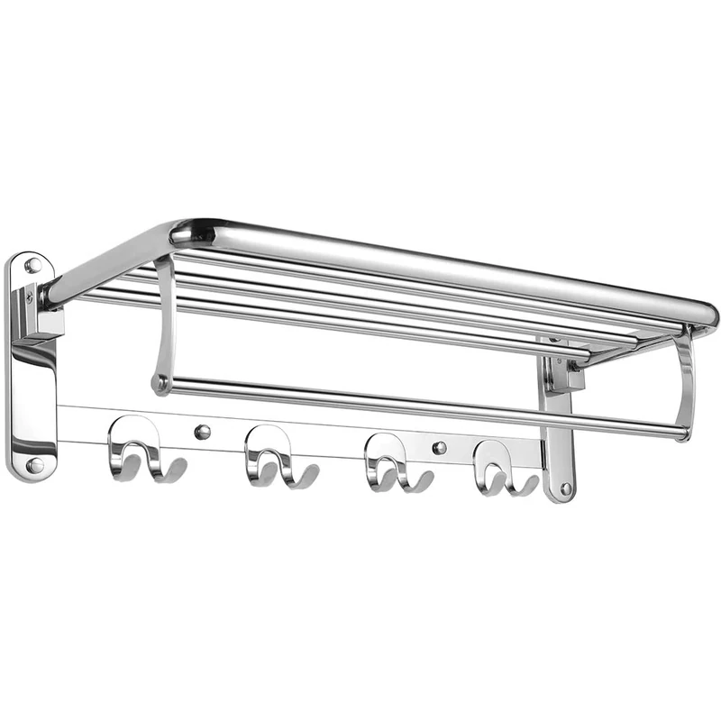HOONEX Foldable Towel Rack for Bathroom Wall Mounted, 24 Inch Towel Shelf with Towel Hooks and Adjustable Towel Bar, 304 Stainless Towel Holder, Polished Silver