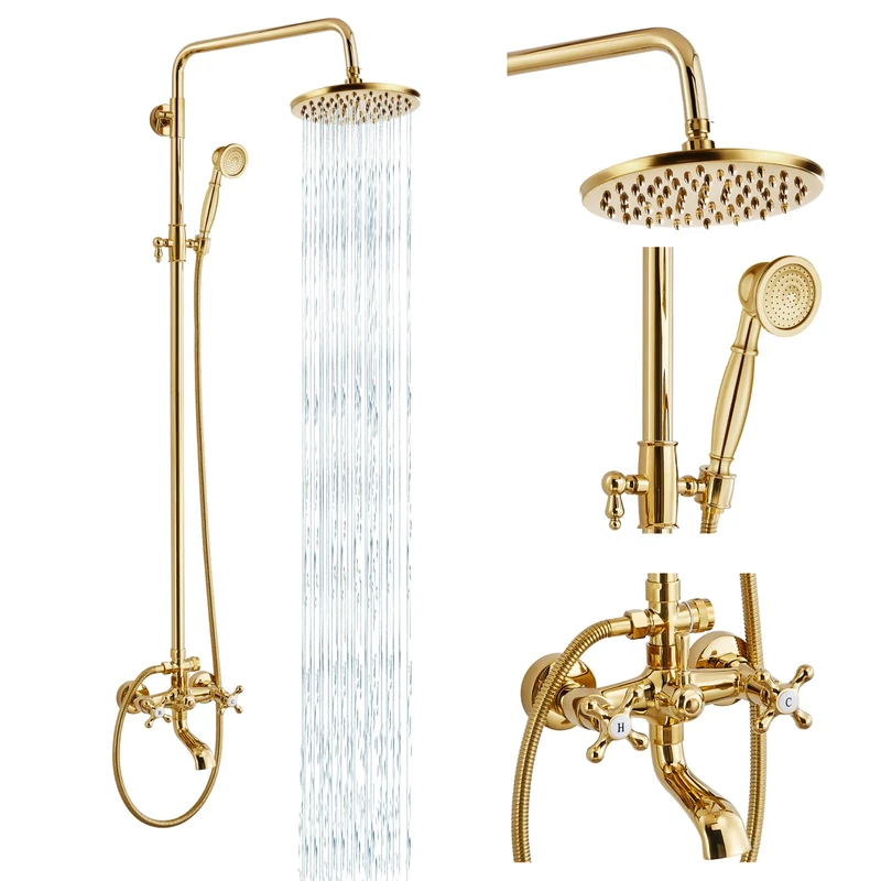Exposed Shower Faucet Set 8 Rain Shower 2 Double Knobs Handle Gold Polish Triple Function Tub Spout Shower Fixture Combo System Unit Set