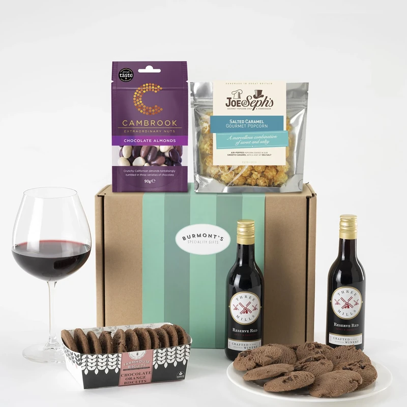Burmont's Red Wine & Chocolate Gift Hamper - Two Small Red Wines, Joe & Seph's Popcorn, Cambrook Chocolate Almonds & Premium Choc Chip Biscuits - Hamper Exclusive To Burmont's
