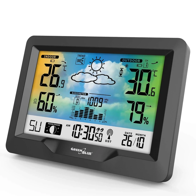 Green Blue GB540 Digital Color Weather Station with Outdoor Indoor Sensor, Radio-Controlled Clock by DCF System, Moon Phases, Barometer, Calendar, Weather Forecast Station for Home, Black